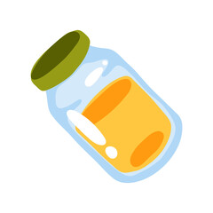 Honey Jar Flat Illustration. Cartoon glass jar filled with yellow liquid and green lid, drawn in flat style. Isolated food object on white background.