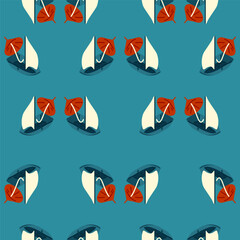 Seamless Sailing Boat Pattern. Seamless pattern with sailboats and tropical red leaves on a dark teal background. Flat vector style with minimalist summer and travel theme.