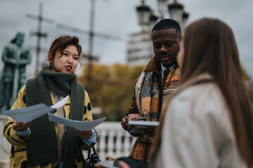Three individuals engage in conversation while exchanging documents, set against a cloudy outdoor...