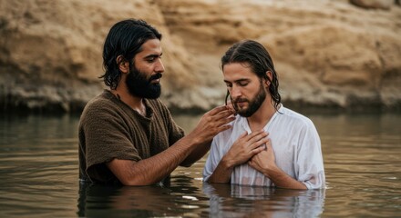 Baptism of Jesus Christ. Biblical scene with John the Baptist for religious and spiritual concept.