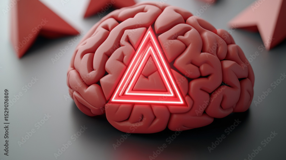 Poster a 3d brain model with a glowing red triangular symbol embedded in its center, surrounded by similar 