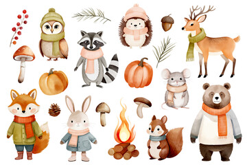 Naklejka premium Autumn forest animals in warm clothes. Hand drawn watercolor woodland clipart set