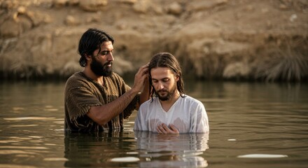 Man baptizing another man in river. Religious ritual, biblical scene. Concept of christianity and spiritual purification.