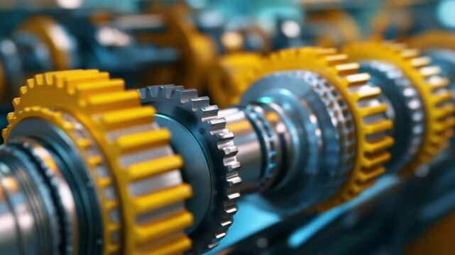 Close-up iof metallic mechanical gears and shafts, highlighting intricate engineering and precise industrial machinery components.