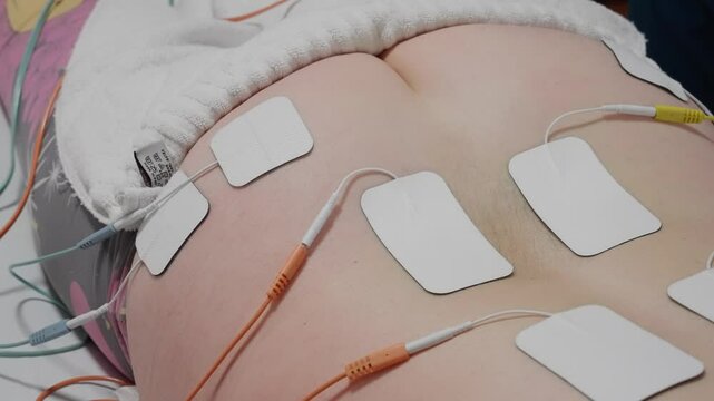 white electrodes connected to wires on lower back of woman lying on treatment bed