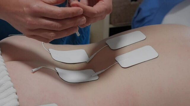 hands attaching white electrodes on woman's skin for electrical stimulation