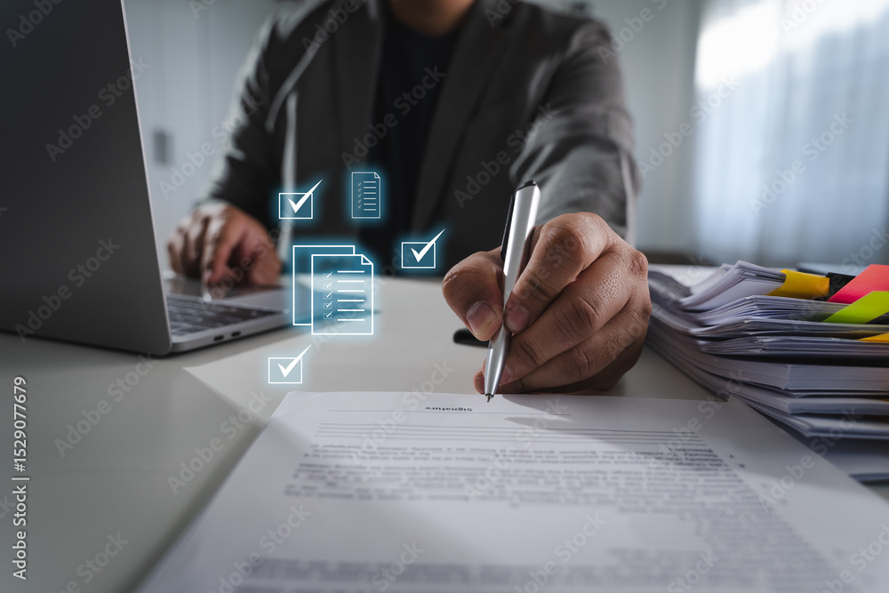 Aufkleber approved the survey form checklist person signing document desk with digital icons representing chec