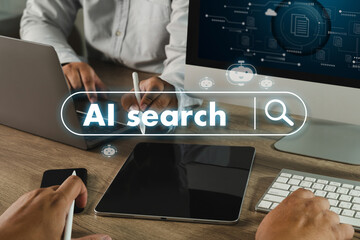 AI search Chat Digital marketing image shows person using digital pen to interact with computer screen displaying words AI search and search icons