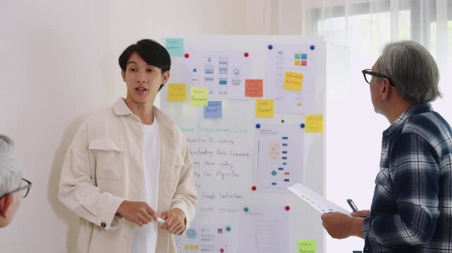 senior programmer bootcamlp,Asian young instructor guides senior learners through a programming on whiteboard, highlighting algorithm thinking and simple code exercises