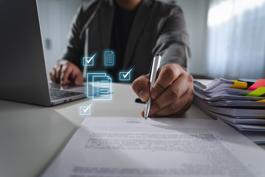 Approved the survey form checklist person signing document desk with digital icons representing checkmarks and files, indicating digital approval