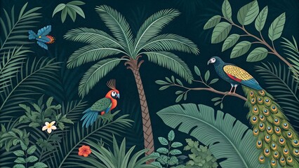 tropical forest with peacock parrot palm tree