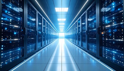 Futuristic server room with glowing blue lights, showcasing network data and system infrastructure.