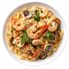 Creamy Shrimp and Mushroom Pasta Recipe Delicious Fettuccine Dish isolated on transparent background