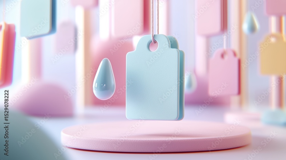 Poster a pastel-themed 3d-rendered scene featuring hanging tags and droplets over a circular platform with 
