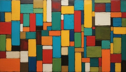Recycled materials are used in this abstract artwork. composed of several voices and multicolored rectangles. Environmental awareness is emphasized in conceptual design. Modern art for those who care 