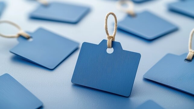 Blue rectangular price tags with beige string loops scattered on a textured surface, emphasizing product labeling and retail themes.