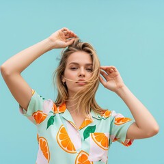 "Orange Crush Summer Vibes." This image is suitable for fashion blogs, social media content, advertising for summer apparel, or lifestyle promotions, evoking a fresh and relaxed aesthetic.
