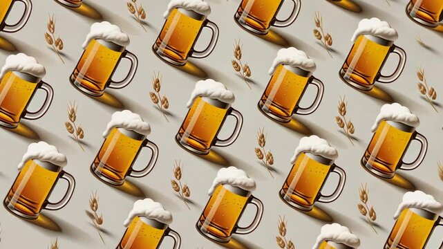 Beer mugs with overflowing foam and wheat stalks create a seamless pattern, for backgrounds.