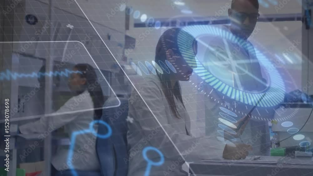 Poster male scientist entering lab and showing tablet to colleague while typing data and overlays cycling