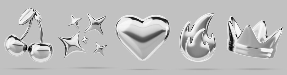 Naklejka na ściany i meble 3d set of liquid chrome y2k shape render icon. Silver metal crown, cherry, heart, flame and stars in retro futuristic aesthetic style. Abstract design elements of aluminum or platinum. 3D illustration