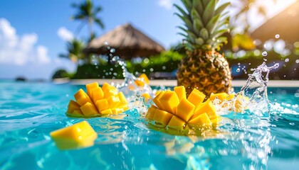 Pineapple and mango fragments suspended in motion, splashing through sunlit tropical water with bold, color-rich clarity. 