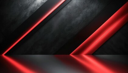 Abstract black and red light gradient pattern with a black, dark, sleek, and contemporary background with a soft tech diagonal background and metal texture on the floor wall.