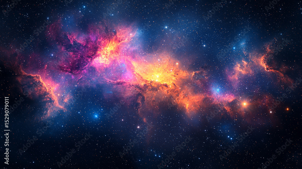 Poster vibrant cosmic nebula and bright star, showcasing a celestial journey through intricate patterns and