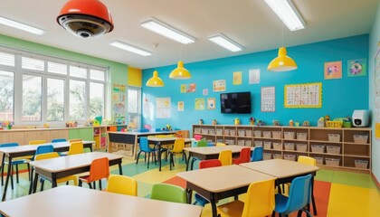 A colorful kindergarten classroom is being watched over by a modern CCTV security camera for the protection of the children.