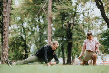 Two women engage in a fitness stretching routine in a serene park, improving flexibility and health...