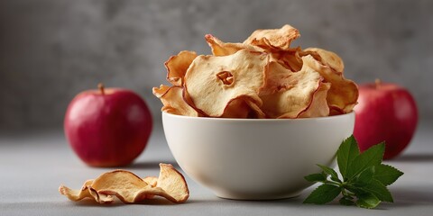 Crispy apple chips in bowl with fresh red apples on gray background