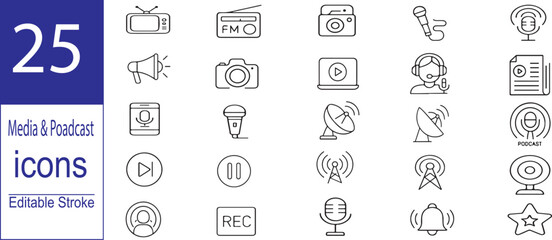 Media and Podcast Line Art Vector Icons &ndash; Editable Stroke, White Background