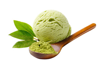 Matcha ice cream scoop on wooden spoon isolated on transparent background.