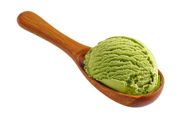 Matcha ice cream scoop on wooden spoon isolated on transparent background.