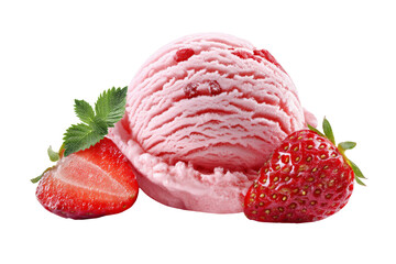 Strawberry ice cream scoop isolated on transparent background.