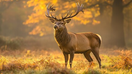 Majestic stag at dawn: Proud deer with antlers standing in foggy English forest meadow, shallow depth of field softly blurring distant trees. Wildlife photography capturing morning mist harmony, perfe