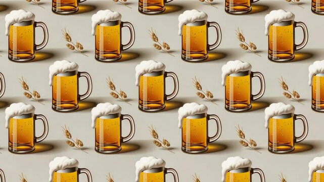 Beer mugs with overflowing foam and wheat stalks create a seamless pattern, for backgrounds.