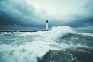 Powerful Ocean Waves Crashing Against Lighthouse Under Stormy Sky – Symbol of Strength and Guidance in Turbulent Waters.
