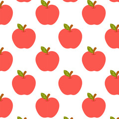 Seamless background with red apples and green leaves on white. Perfect for food and healthy lifestyle themes.