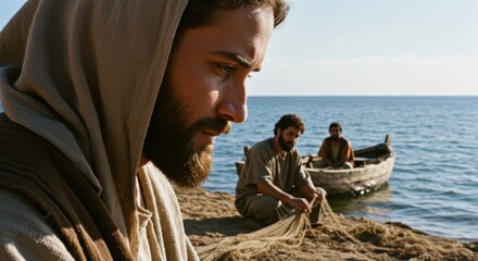 A man dressed in traditional robe looks down in deep thought with two fishermen by a boat on a lake. Religious history.