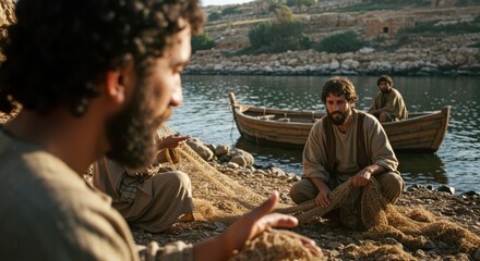 Three men, disciples, preparing fishing net by water with boat nearby. Bible times, religion, christianity, story for gospel, traditional clothes.