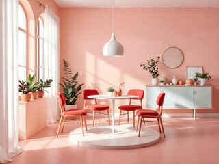 Charming Pink Dining Room with Red Chairs and Round Table