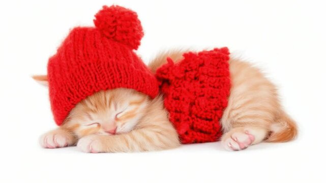 Cozy Cat in a Knitted Hat: An adorable ginger kitten, snuggled up and blissfully asleep, wearing a vibrant red knitted hat and matching scarf. A perfect depiction of winter comfort and charm.