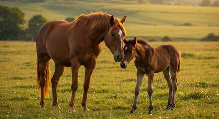 Fototapeta premium Majestic mare and foal graze peacefully in a sun-drenched pasture idyllic rural landscape scene showcasing equine beauty and nature