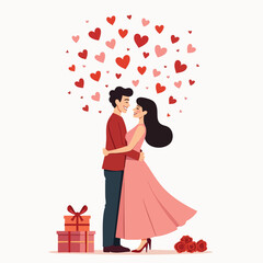 Romantic Couple Embracing with Heart Decorations – Flat Valentine Illustration.