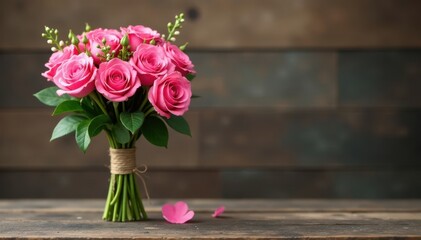 A bouquet of tiny pink roses, tied with twine, sits on rustic wood , roses, pretty
