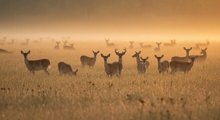 Fototapeta premium Majestic deer herd grazing in golden sunrise meadow wildlife nature scene