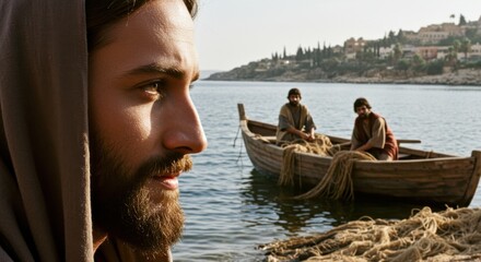 Jesus Christ watching over a boat with two fishermen and fishing nets on the shore in ancient biblical times, religious concept.