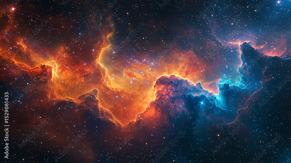 Poster vibrant cosmic nebula with swirling orange, blue, and red colors, creating a mesmerizing celestial s