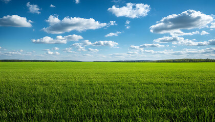Green grass field with sky extending into empty space