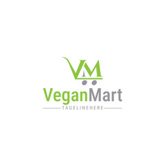 VeganMart Logo Design VM Lettermark Shopping Cart with Green and Grey Colors for Organic or Vegan Store Branding